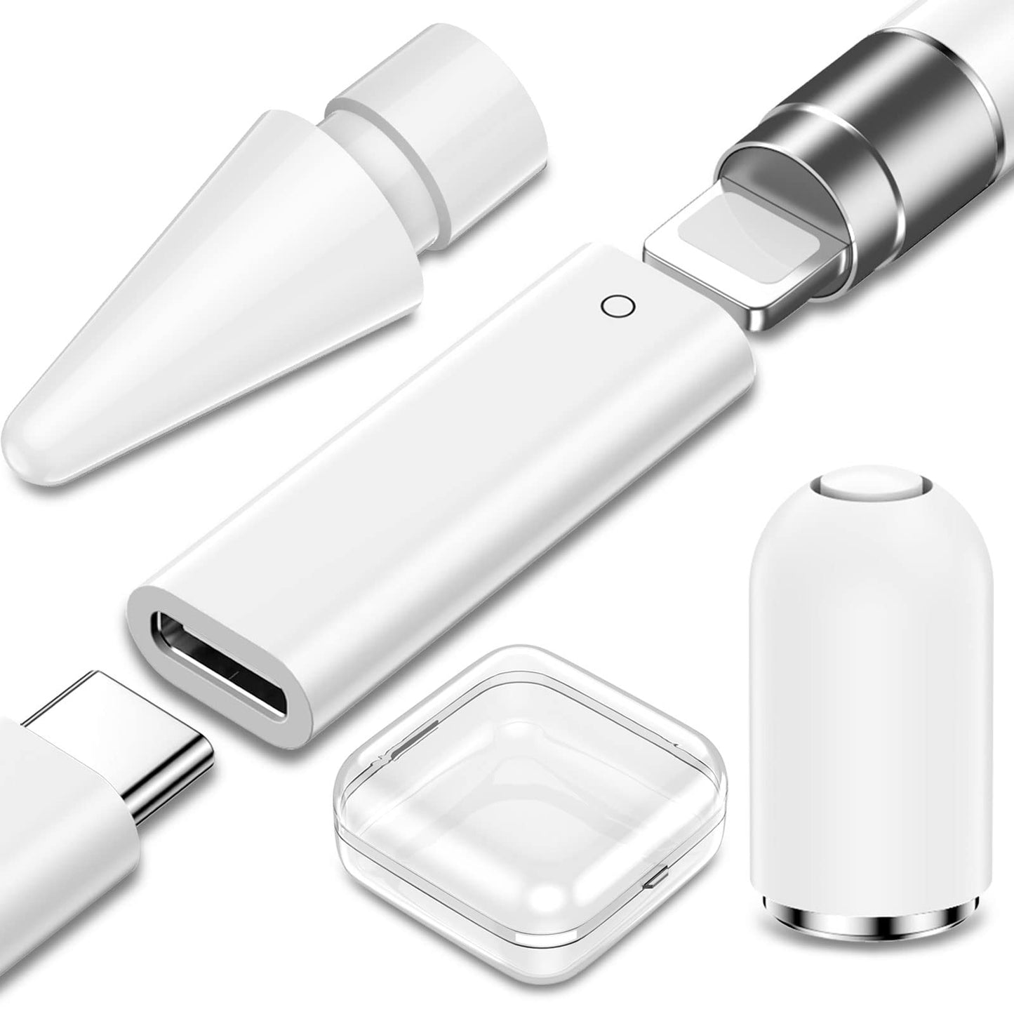 Aoiktye 3-Pack USB C to Pencil 1st Gen Adapter Type C Female for Lightning Female Adapter for iPad 10 + iPencil Stylus Nib Tip for Apple Pencil + Magnetic Top Cover Replacement Cap for Apple Pen 1 Generation