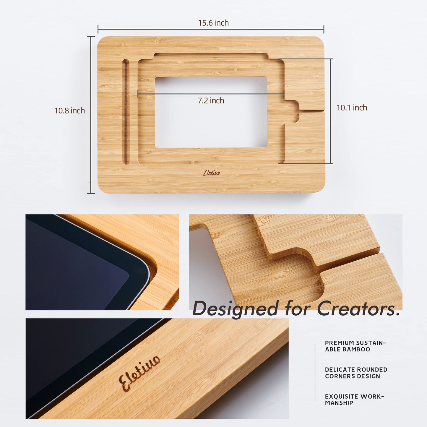 Aoiktye ELETIUO Adjustable Tablet Stand with Pencil&Charger Cable Slot,Bamboo Wooden Stand with Multiple Angles,Organizer Desktop Holder for Drawing,Compatible with ipads(Support to 9.7-11" Devices)