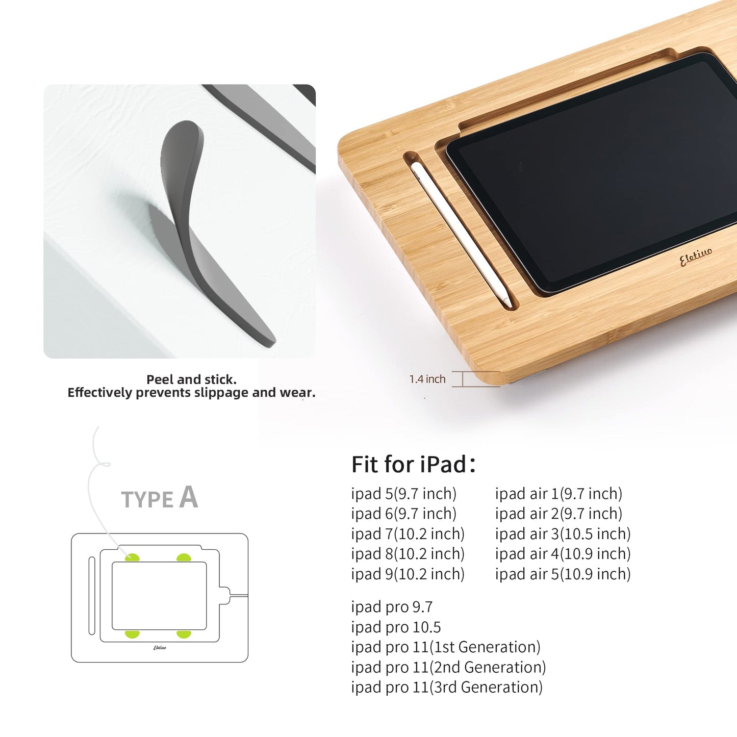 Aoiktye ELETIUO Adjustable Tablet Stand with Pencil&Charger Cable Slot,Bamboo Wooden Stand with Multiple Angles,Organizer Desktop Holder for Drawing,Compatible with ipads(Support to 9.7-11" Devices)