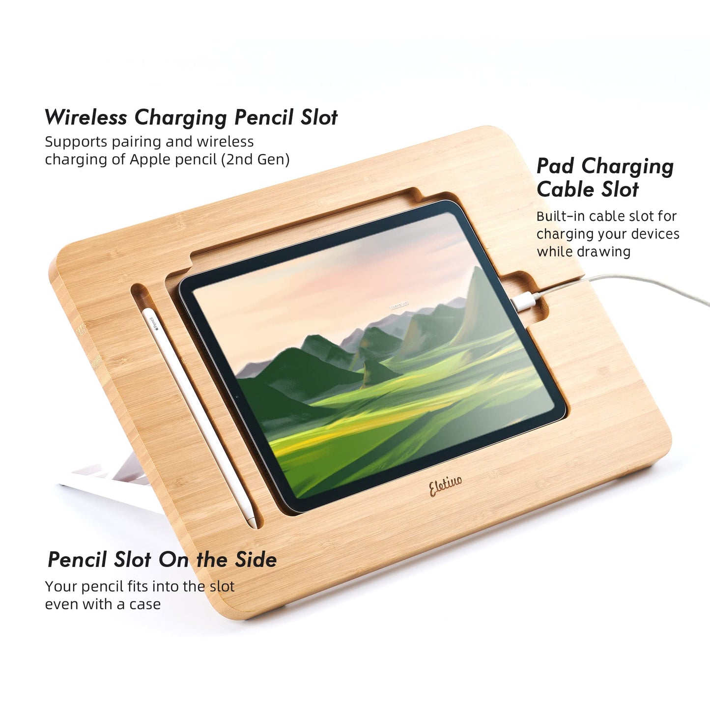 Aoiktye ELETIUO Adjustable Tablet Stand with Pencil&Charger Cable Slot,Bamboo Wooden Stand with Multiple Angles,Organizer Desktop Holder for Drawing,Compatible with ipads(Support to 9.7-11" Devices)