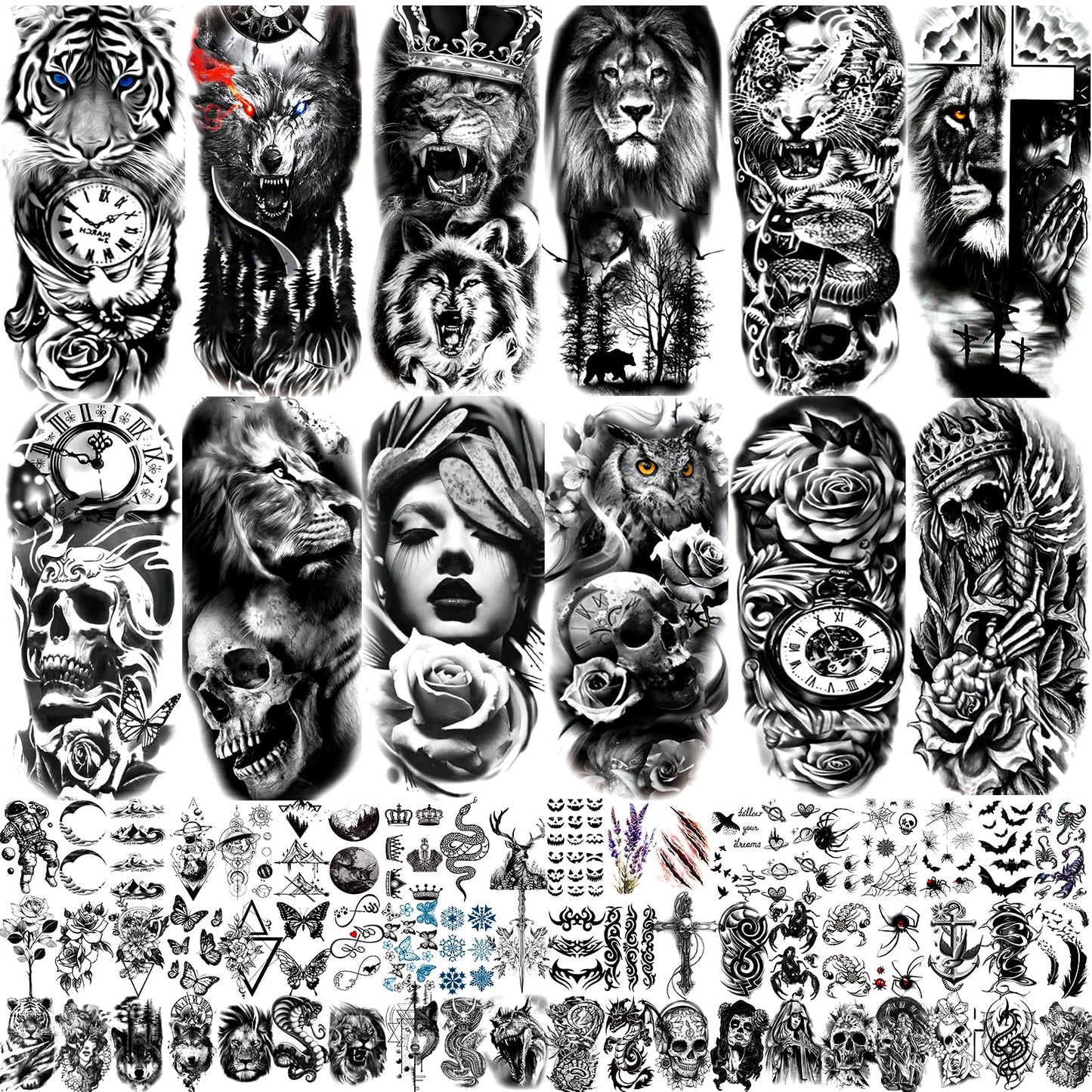 Aoiktye  72 Sheets Temporary Tattoo for Men Women Adults, Include 12 Sheets Black 3D Half Sleeve Temporary Tattoos, Halloween Tattoos Scary Lion Wolf Tiger Skull Skeleton Tattoos Stickers