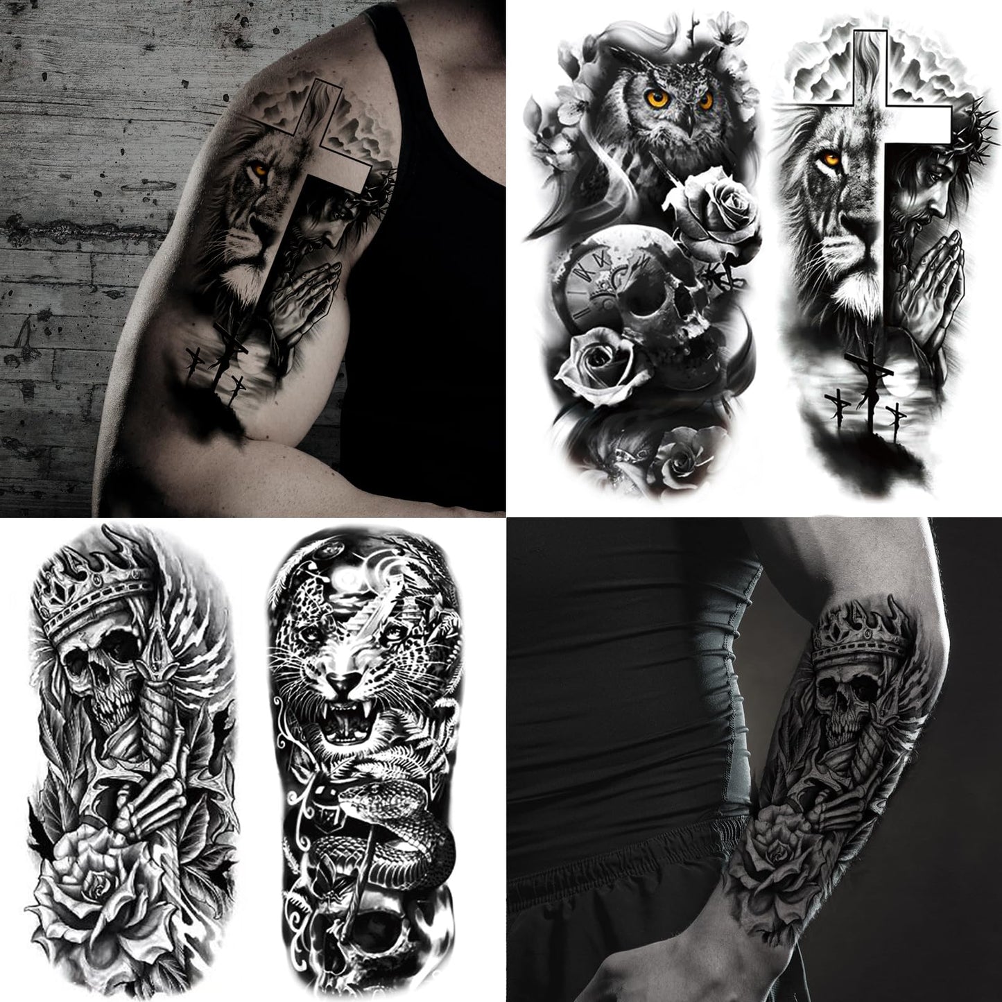 Aoiktye  72 Sheets Temporary Tattoo for Men Women Adults, Include 12 Sheets Black 3D Half Sleeve Temporary Tattoos, Halloween Tattoos Scary Lion Wolf Tiger Skull Skeleton Tattoos Stickers
