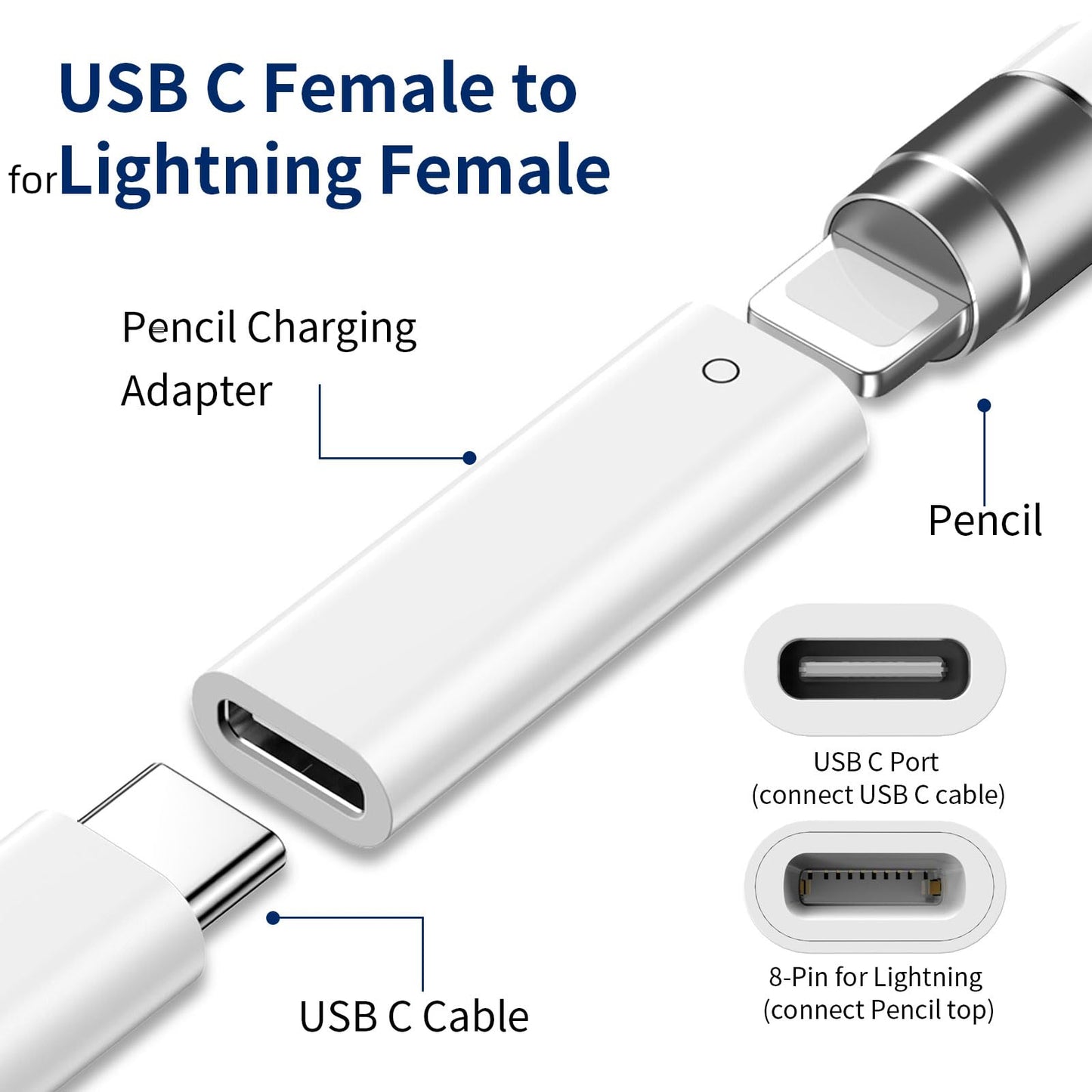 Aoiktye  3-Pack USB C to Pencil 1st Gen Adapter Type C Female for Lightning Female Adapter for iPad 10 + iPencil Stylus Nib Tip for Apple Pencil + Magnetic Top Cover Replacement Cap for Apple Pen 1 Generation