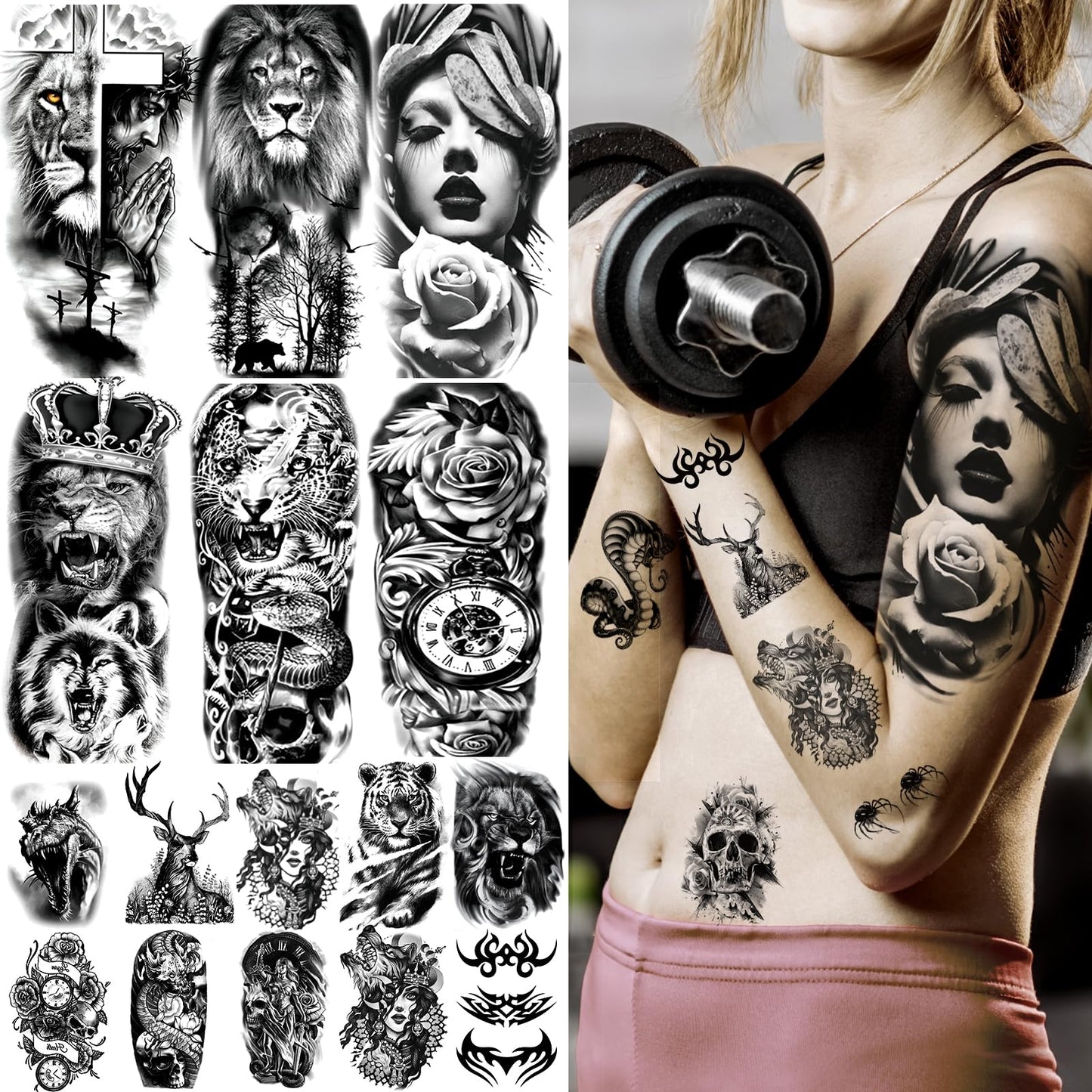 Aoiktye  72 Sheets Temporary Tattoo for Men Women Adults, Include 12 Sheets Black 3D Half Sleeve Temporary Tattoos, Halloween Tattoos Scary Lion Wolf Tiger Skull Skeleton Tattoos Stickers