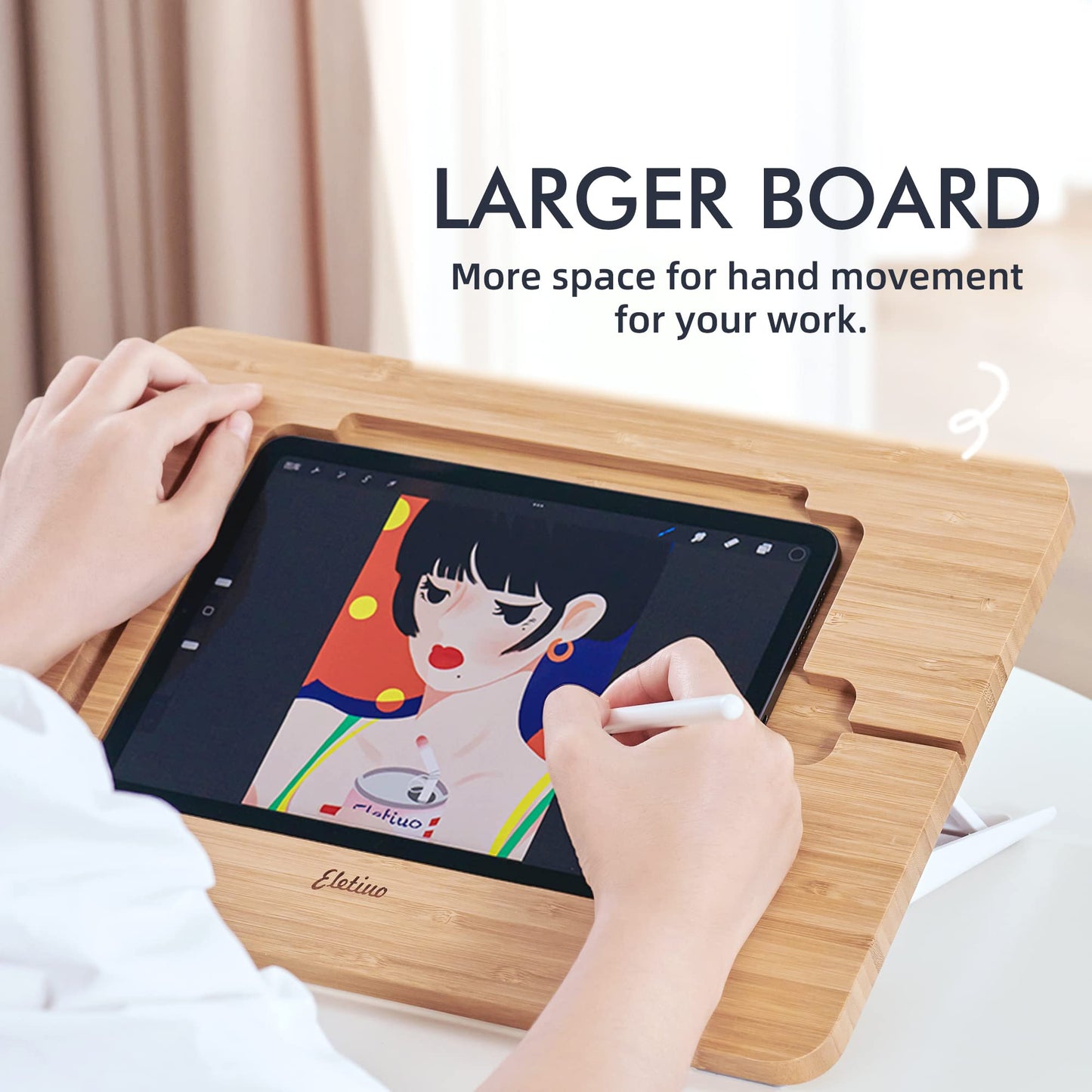 Aoiktye ELETIUO Adjustable Tablet Stand with Pencil&Charger Cable Slot,Bamboo Wooden Stand with Multiple Angles,Organizer Desktop Holder for Drawing,Compatible with ipads(Support to 9.7-11" Devices)