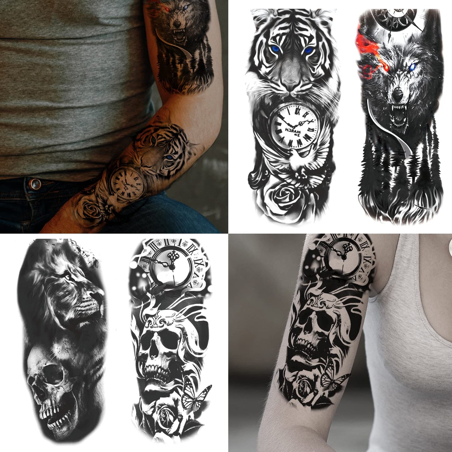 Aoiktye  72 Sheets Temporary Tattoo for Men Women Adults, Include 12 Sheets Black 3D Half Sleeve Temporary Tattoos, Halloween Tattoos Scary Lion Wolf Tiger Skull Skeleton Tattoos Stickers