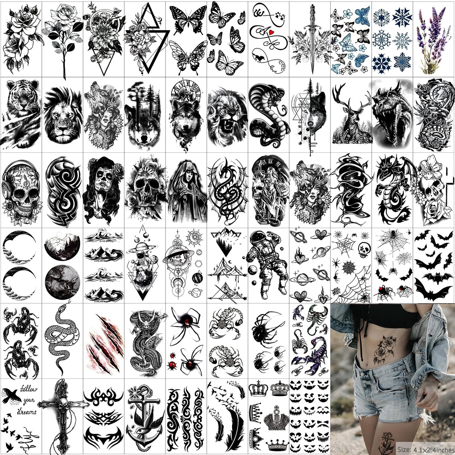 Aoiktye  72 Sheets Temporary Tattoo for Men Women Adults, Include 12 Sheets Black 3D Half Sleeve Temporary Tattoos, Halloween Tattoos Scary Lion Wolf Tiger Skull Skeleton Tattoos Stickers