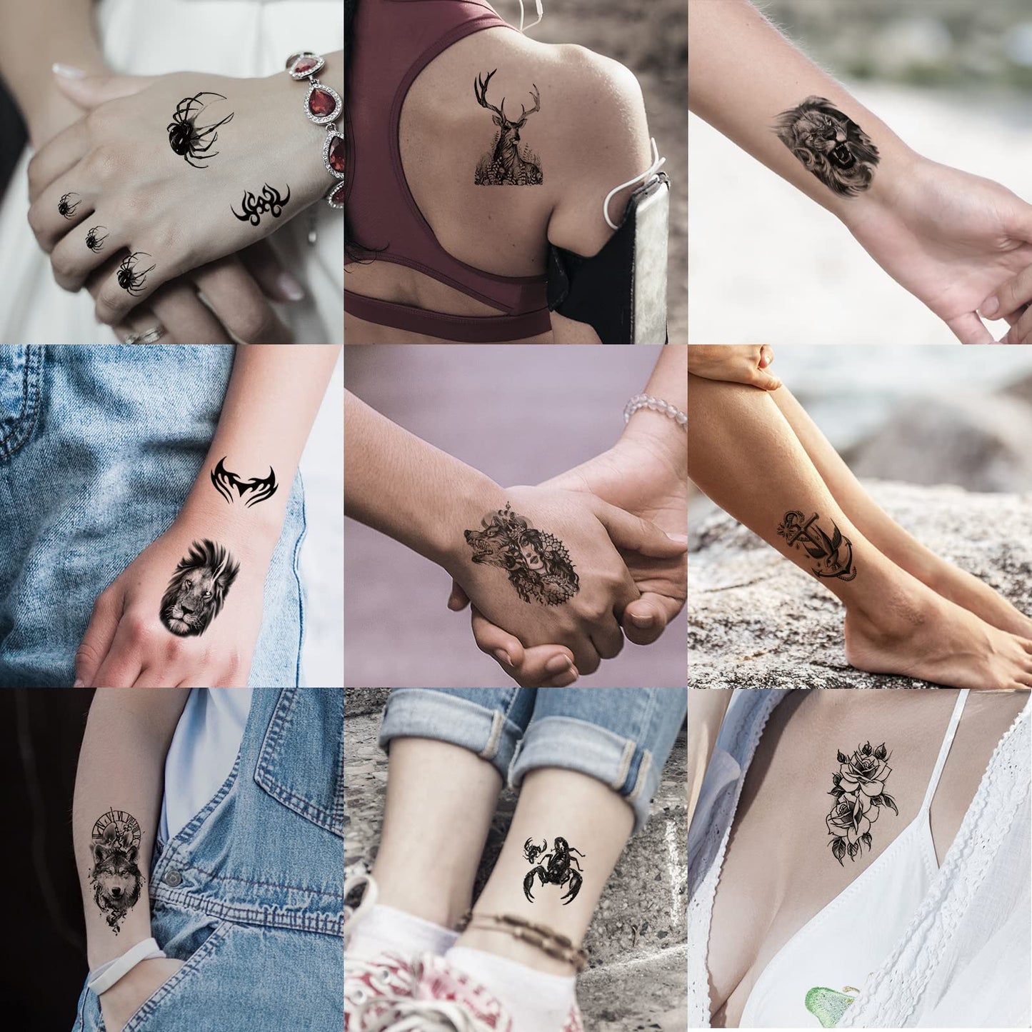 Aoiktye  72 Sheets Temporary Tattoo for Men Women Adults, Include 12 Sheets Black 3D Half Sleeve Temporary Tattoos, Halloween Tattoos Scary Lion Wolf Tiger Skull Skeleton Tattoos Stickers