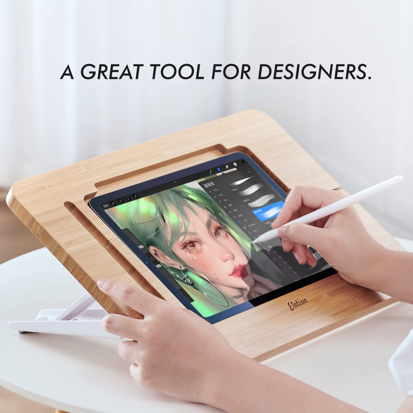 Aoiktye ELETIUO Adjustable Tablet Stand with Pencil&Charger Cable Slot,Bamboo Wooden Stand with Multiple Angles,Organizer Desktop Holder for Drawing,Compatible with ipads(Support to 9.7-11" Devices)