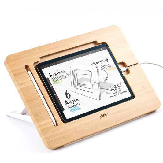 Aoiktye ELETIUO Adjustable Tablet Stand with Pencil&Charger Cable Slot,Bamboo Wooden Stand with Multiple Angles,Organizer Desktop Holder for Drawing,Compatible with ipads(Support to 9.7-11" Devices)